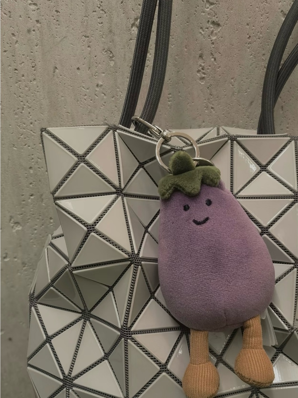 Jellycat White Geometric Tote with Purple Eggplant Charm